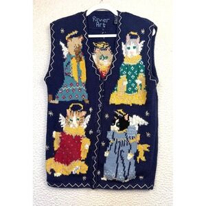 Vintage River Art Sweater Vest Womens Medium Blue Angel Cat Ugly Christmas 90s